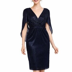 NWT BETSY & ADAM Navy Blue Drape Back Cape Sleeves Cocktail Dress